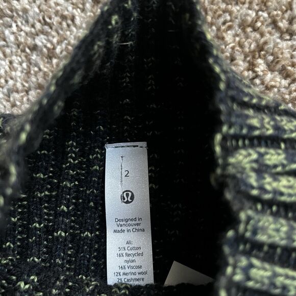Lululemon Cotton Cashmere Mock Neck Sweater Size 2 Green Black Cozy Ribbed - Picture 3 of 6